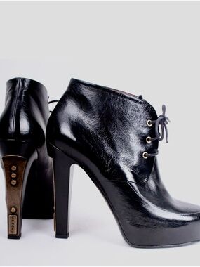 CHANEL Black Leather Logo Heel Lace-Up Platform Ankle Boots